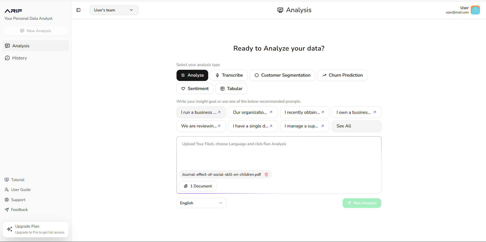 ARIF AI Data Analysis Platform Demo - Watch how to analyze data without coding